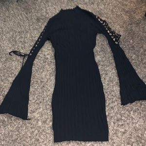 Cute Black Turtle Neck Dress with Flared long sleeves